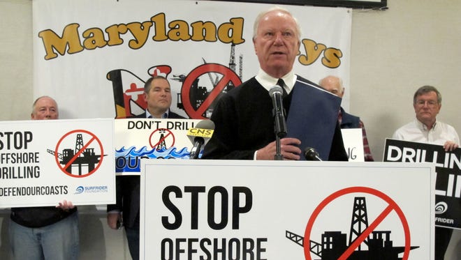 Ocean City Mayor Rick Meehan speaks out against allowing offshore drilling off Maryland's coast before an open house on the proposal that took place Tuesday, Jan. 16, 2018, in Annapolis, Md.