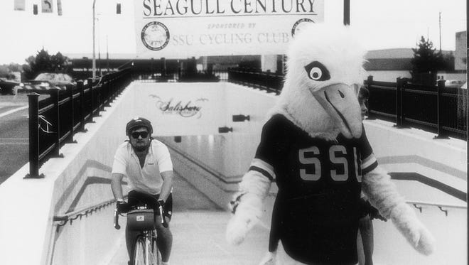 1990s: SU mascot Sammy Sea Gull welcomes a rider in the Seagull Century as he emerges from the new (at the time) pedestrian tunnel beneath Route 13, adjacent to the main campus.
