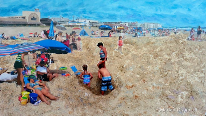 "Funland" by Marian Osher is a mixed media painting with photo collage of people on the beach near Funland at Rehoboth Beach.