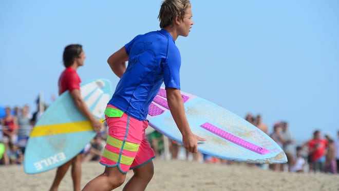 Timmy Vitella, Milton, gets ready for his wave during his heat heat in the semifinals of the Skim USA Association ZAP Pro/Am Skimboarding Competition in Dewey Beach, De. on Friday, August 11, 2017.