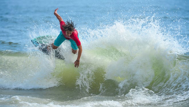 Hunter Wills, Dewey Beach, during his heat in the semifinals of the Skim USA Association ZAP Pro/Am Skimboarding Competition in Dewey Beach, De. on Friday, August 11, 2017.