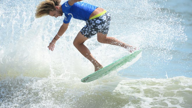 Blair Conklin, Laguna Beach, Ca, catches a wave during the Men's Pro Division heat in the semifinals of the Skim USA Association ZAP Pro/Am Skimboarding Competition in Dewey Beach, De. on Friday, August 11, 2017.