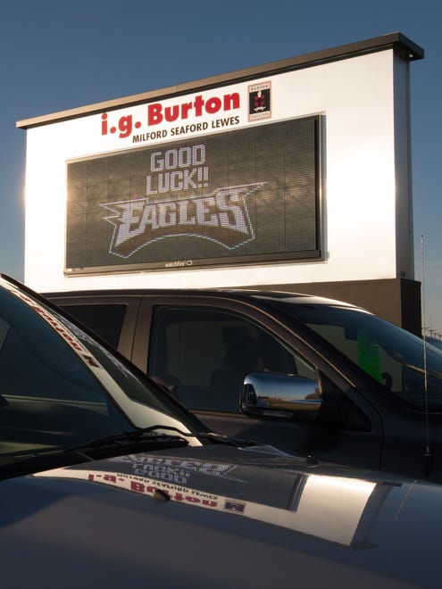 i.g. Burton's sign in Milford supporting the Philadelphia Eagles in Super Bowl LLI.