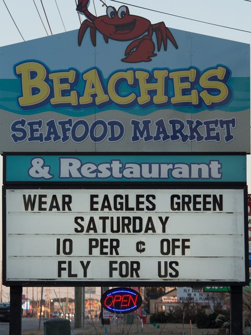 Beaches Seafood Market sign in Lewes supporting the Philadelphia Eagles in Super Bowl LLI.