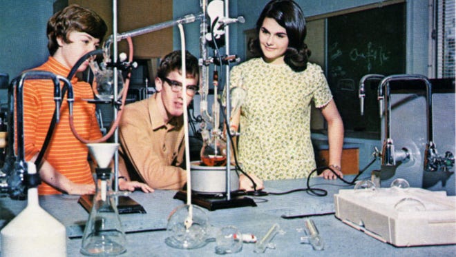 1968: a group of students participates in a lab activity at Salisbury University.