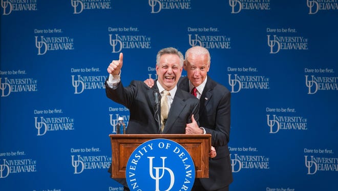KYLE GRANTHAM/THE NEWS JOURNAL
Former Vice President Joe Biden jokes with University of Delaware President Dr. Dennis Assanis as he grabs him by the shoulder during a ceremonial opening of the new Biden Institute at the University of Delaware's Roselle Center for the Arts in Newark on Monday afternoon.
Former Vice President Joe Biden jokes with University of Delaware President Dr. Dennis Assanis as he grabs him by the shoulder during a ceremonial opening of the new Biden Institute at the University of Delaware's Roselle Center for the Arts in Newark on Monday afternoon.
