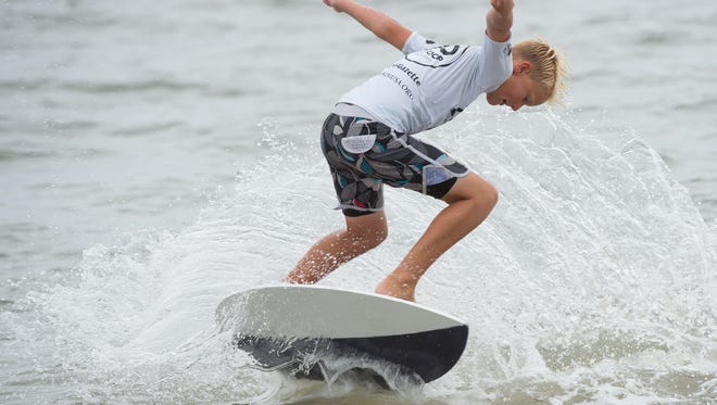 Dane Cameron of Laguna Beach, Calif., competes in the semi pro division at the Zap Pro/Amateur World Championships of Skimboarding at Dewey Beach.