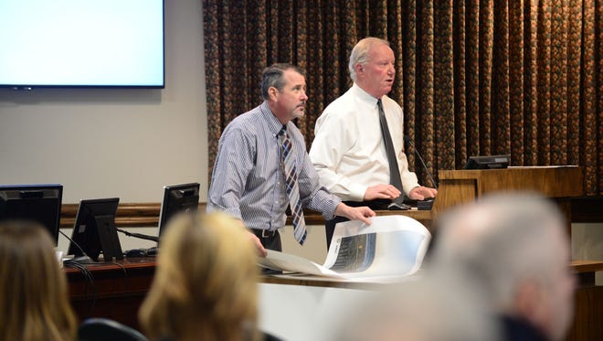 Ocean City Mayor Rick Meehan and City Engineer Terry McGean address the Ocean City Town Council and the public about the opposition of permanent offshore wind turbines visible from the shoreline on Monday, Feb. 5, 2018.