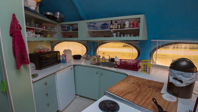 View of the kitchen in the Futuro house in Milton.