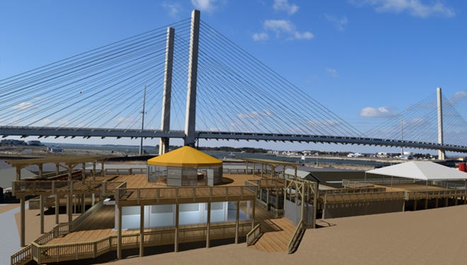 An artist's rendering of the Big Chill Beach Club that features two upper deck facilities for family dining and special events set against the backdrop of the Indian River Inlet Bridge.