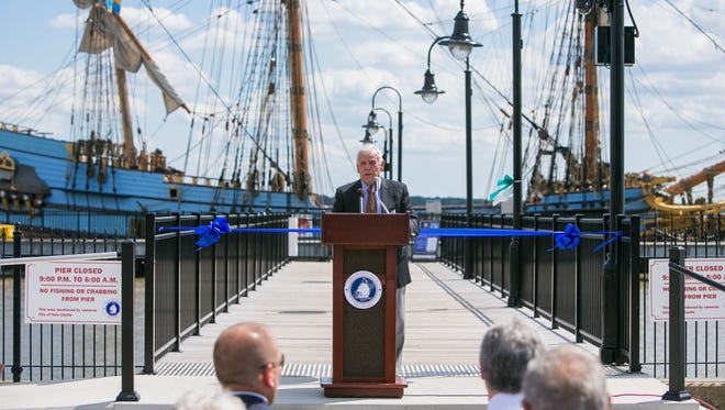 New Castle mayor Jimmy Gambacorta speaks at the ribbon cutting ceremony for the grand opening of the pier in Old New Castle at Battery Park which replaces the one destroyed by Superstorm Sandy back in 2012.