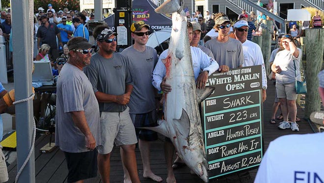 Rumor Has It, Chincoteague, Va., brought in a 223-pound mako shark during the 43rd Annual White Marlin Open on the last day of the tournament.