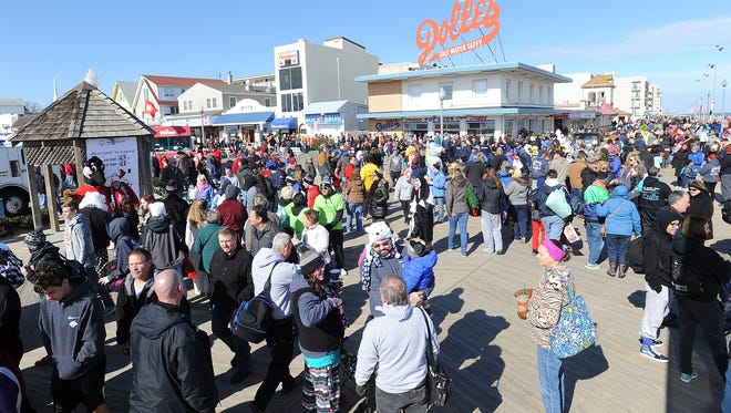 A crowd of several thousand onlookers and participants at least enjoyed sunny skies if not balmy weather on the Rehoboth Beach boardwalk during the 2017 Polar Bear Plunge.