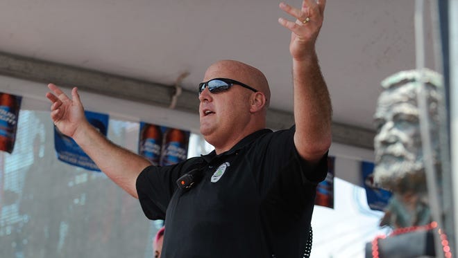 RUNNING OF THE BULL: City of Dover police officer Cpl. Jeff Davis, whose "Shake It Off" video went viral earlier this year, made an appearance at the Running of the Bull at the Starboard in Dewey Beach.