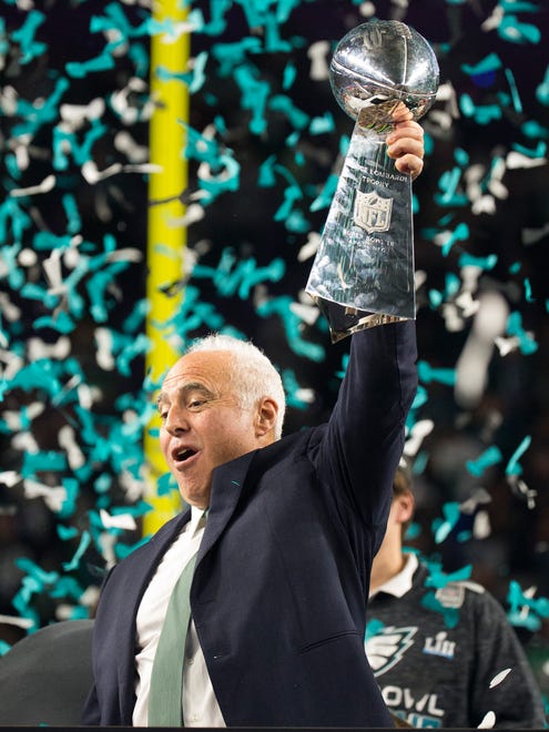 Eagles owner Jeffrey Lurie celebrates winning Super Bowl LII Sunday at US Bank Stadium