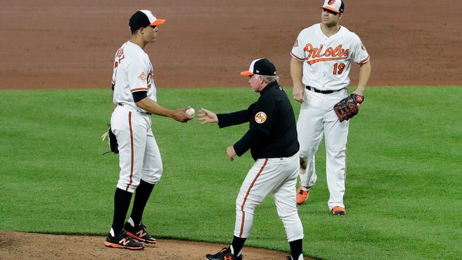 Baltimore Orioles manager Buck Showalter, center, relieves starting pitcher Ubaldo Jimenez, left, in front of first baseman Chris Davis in the fifth inning of a baseball game against the Minnesota Twins in Baltimore, Monday, May 22, 2017. (AP Photo/Patrick Semansky)