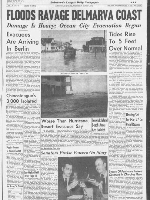 The Salisbury Times front cover for March 7, 1962, following the Ash Wednesday storm on Delmarva.