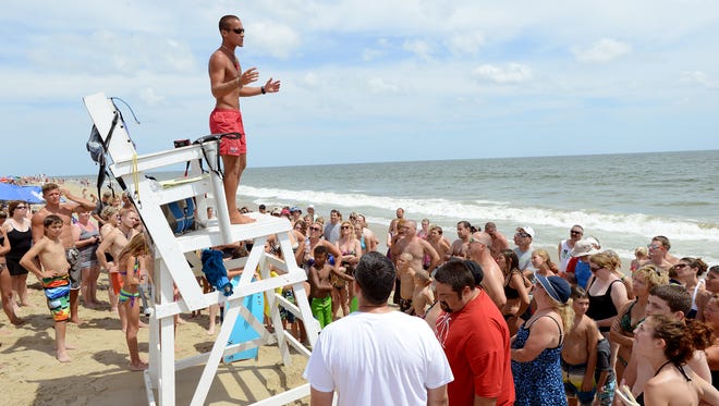 In this file photo, Ocean City Beach Patrol Crew Chief Tom Lurie holds a water safety session with beachgoers near 28th Street in Ocean City.