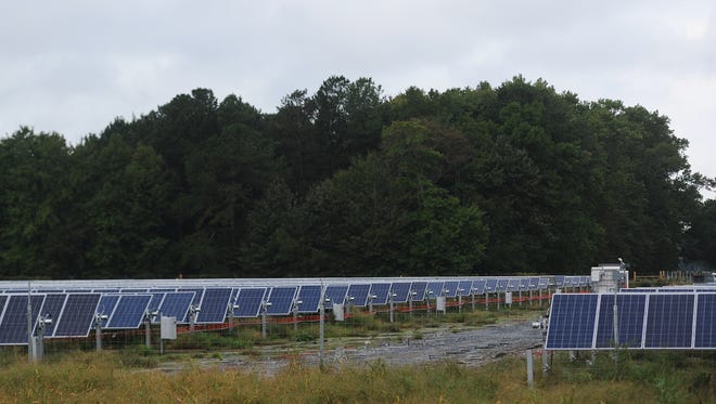 A large group of solar panels sit on a solar farm site on Neal Parker Road near Oak Hall, Va. on Wednesday, Sept. 28, 2016.