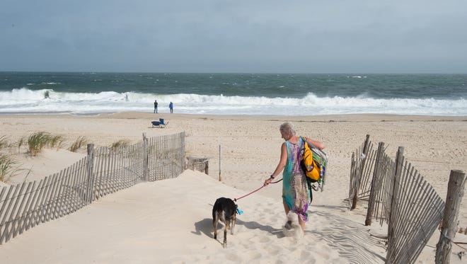 Gail McMakin of Rehoboth and her dog Callie walk out onto the beach south of Dewey Beach during high tide as hurricane Maria moves north past Delaware.