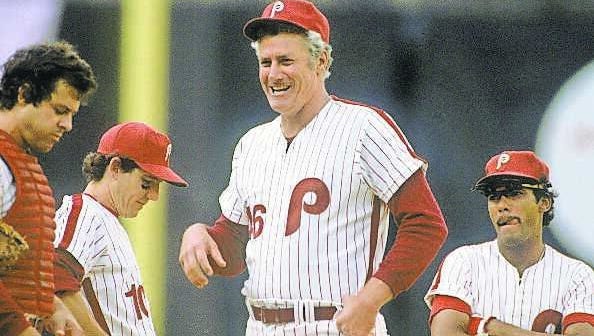 Phillies manager Dallas Green with, from left, Bob Boone, Larry Bowa and Manny Trillo at Veterans Stadium in 1980.