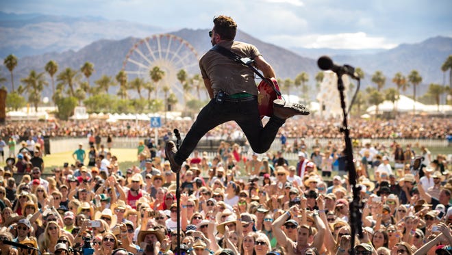 Old Dominion's Matthew Ramsey leaps during the band's set at the Stagecoach festival in Indio, California last year. The act will be the debut concert at the new Hudson Fields stage near Milton.