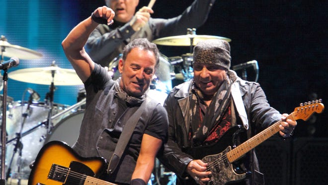 Shown during "Wrecking Ball" at MetLife Stadium in East Rutherford, New Jersey, Tuesday, Aug. 23, 2016, are Bruce Springsteen and Steven Van Zandt along with Max Weinberg.