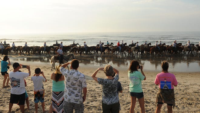 Spectators watch as the northern herd of Chincoteague Ponies are led down the beach to their corral on Assateague Island, Va. on Monday morning, July 25, 2016. The 91st Annual Chincoteague Pony Swim is Wednesday.