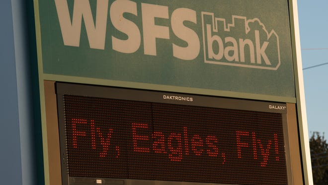 WSFS Bank sign in Lewes supporting the Philadelphia Eagles in Super Bowl LLI.
