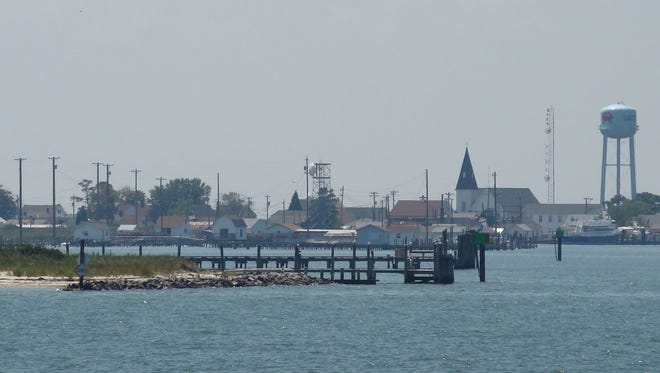 A panoramic view of Tangier Island as viewed from a ferryboat.