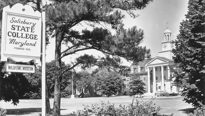1970s: Lawn in front of Holloway Hall at Salisbury University, which was at the time known as Salisbury State College. The Ward Museum of Wildfowl Art was at the time housed in the upper story of Holloway HallÕs Great Hall, an addition to the original building.
