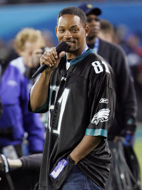 Philly native Will Smith sporting an Eagles jersey in 2005, performing before Super Bowl XXXIX between the Eagles and the Patriots.