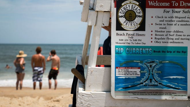 Lifeguard stations in Dewey Beach provide guidelines for escaping rip currents.