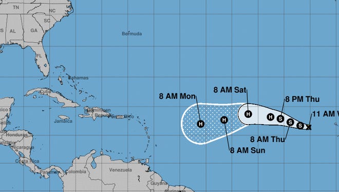 Tropical Storm Irma is forecast to move west across the Atlantic Ocean the next several days.