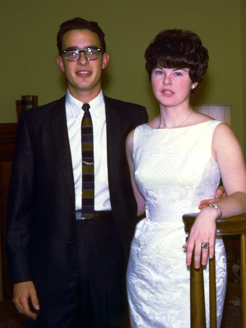 Peter Christy and Candy Winn ready for Peter's prom at Candy's parents' house in spring 1966.