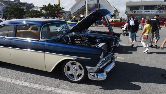 A 1955 Chevy and other cars line the Inlet parking lot during Endless Summer Cruisin' 2017 in Ocean City on Saturday, Oct. 7, 2017.