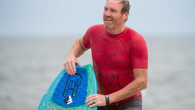 Colin Mahon of New Jersey competes in the senior grandmaster division at the Zap Pro/Amateur World Championships of Skimboarding at Dewey Beach.