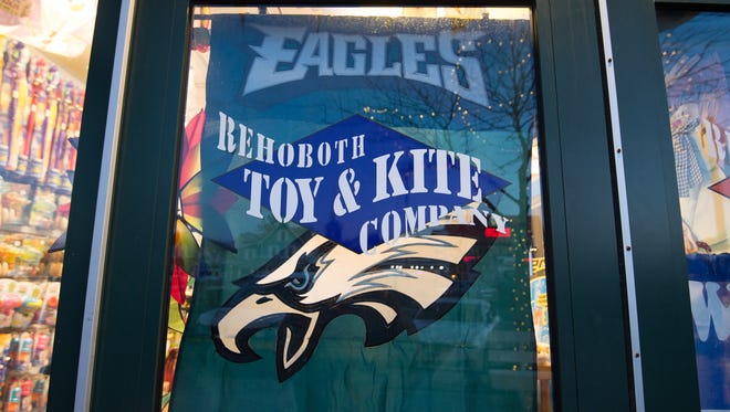 A Philadelphia Eagles flag hangs at the entrance to Rehoboth Toy & Kite Company in Rehoboth supporting the Philadelphia Eagles in Super Bowl LLI.