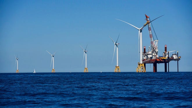 Offshore wind turbines placed by Deepwater Wind off the coast of Block Island, Rhode Island.