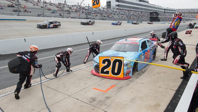 Erik Jones pits on lap 37 of the Drive Sober 200 presented by the Delaware Office of Highway Safety NASCAR Xfinity Series race at Dover International Speedway in Dover, Del.
