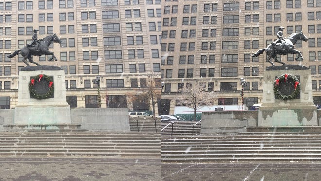 Wilmington's first snow of the year arrived Saturday morning. These photos were taken about three hours apart. Pictured here is the statue of Caesar Rodney in Rodney Square.