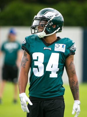 Eagles running back Donnel Pumphrey runs through morning drills on day three of Eagles training camp at the NovaCare Complex in Philadelphia.
