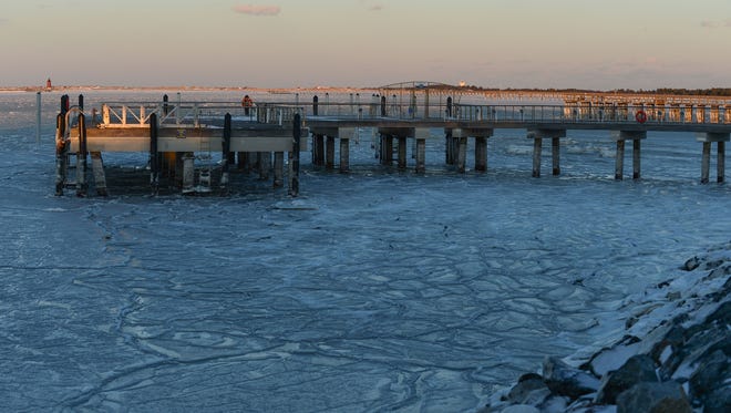 A frozen Delaware Bay near the Cape May-Lewes Ferry on Friday, Jan. 5, 2018.
