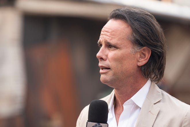 Actor Walton Goggins talks with press at Prime Video’s Fallout activation at Hotel San José during SXSW Friday March 8, 2024. The activation features a post-apocalyptic world that promotes Prime Video's new series.