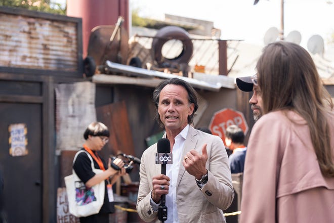 Actor Walton Goggins talks with press at Prime Video’s Fallout activation at Hotel San José during SXSW Friday March 8, 2024. The activation features a post-apocalyptic world that promotes Prime Video's new series.