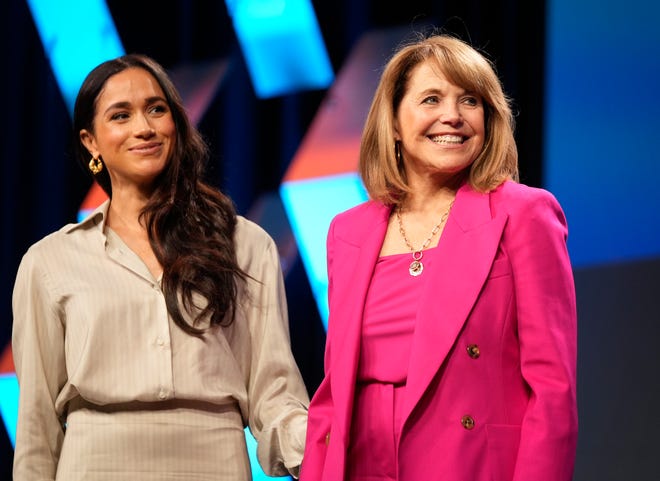 Meghan, The Duchess of Sussex, left, and journalist Katie Couric, are introduced at the keynote “Breaking Barriers, Shaping Narratives: How Women Lead On and Off the Screen” at SXSW at the Austin Convention Center Friday March 8, 2024.