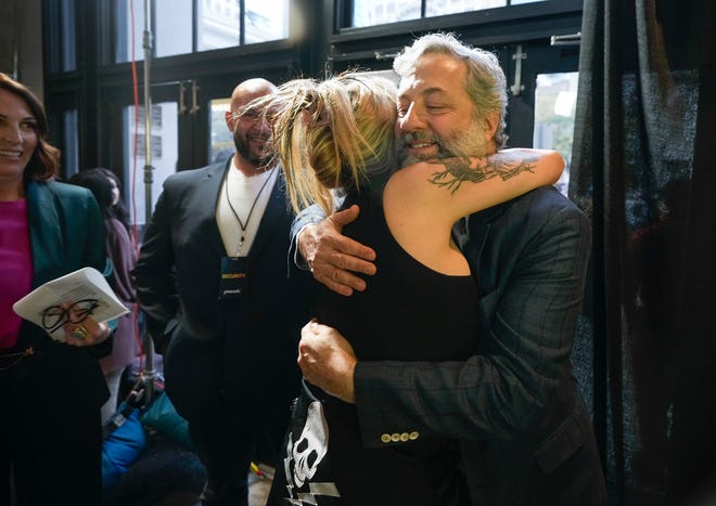 Executive Producer Judd Apatow hugs Stormy Daniels as she arrives at the premier of the Peacock Original documentary “Stormy” at Stateside Theatre at SXSW Friday March 8, 2024.