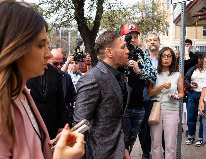 Conor McGregor arrives at the red carpet before the premiere of Road House at the Paramount Theatre in Austin, Texas on the first day of South by Southwest, Friday, March 8, 2024. McGregor plays the character "Knox" in the movie.