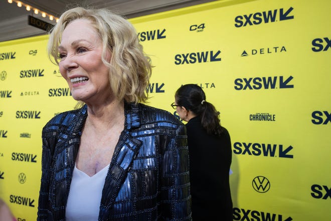 Actress Jean Smart talks to press on the red carpet during Hacks season 3 premiere at Paramount Theatre during SXSW Saturday, March 9, 2024.