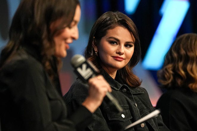 Selena Gomez, an American actress and founder of Wondermind, listens to comments from Jessica Stern during a featured session on mental health during South by Southwest at the Austin Convention Center on Sunday, March 10, 2024.